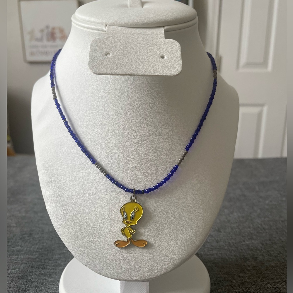 VINTAGE Y2K Tweety Bird Enamel Charm Handmade Cobalt Beaded Necklace | Kidcore